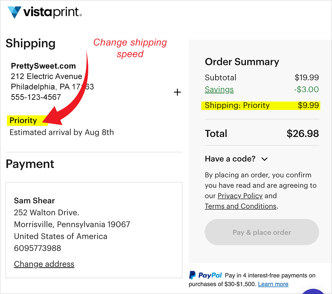 change vistaprint shipping speed